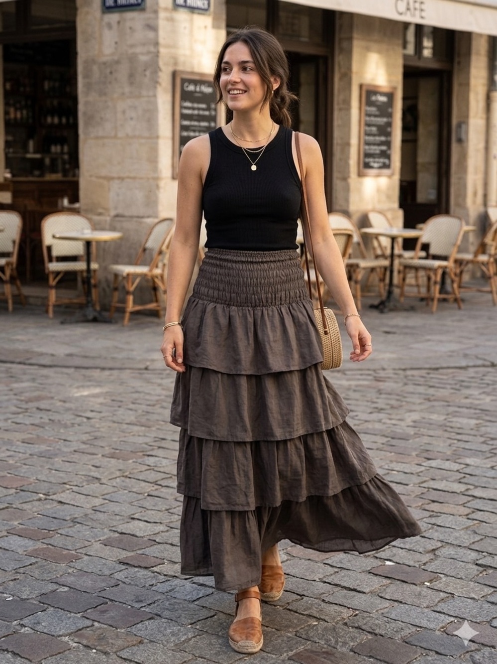 Mossimo Boho Tiered Maxi Skirt Charcoal Gray Smocked Waist 100% Cotton Large